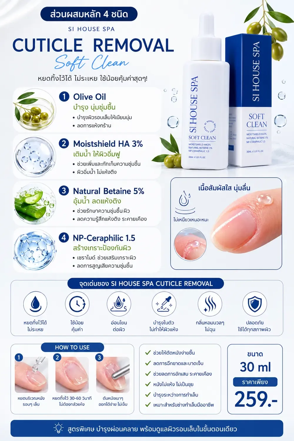 น้ำยาสำหรับขั้นตอนแต่งหนังรอบเล็บ ช่วยให้หนังรอบเล็บนุ่มลงภายใน 30–60 วินาที ทำให้ตัดแต่งได้ง่ายขึ้น ขนาด 30 ม